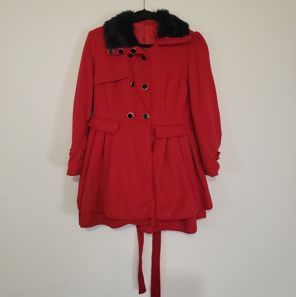 Red Women's Pea Coat With Ruffles
